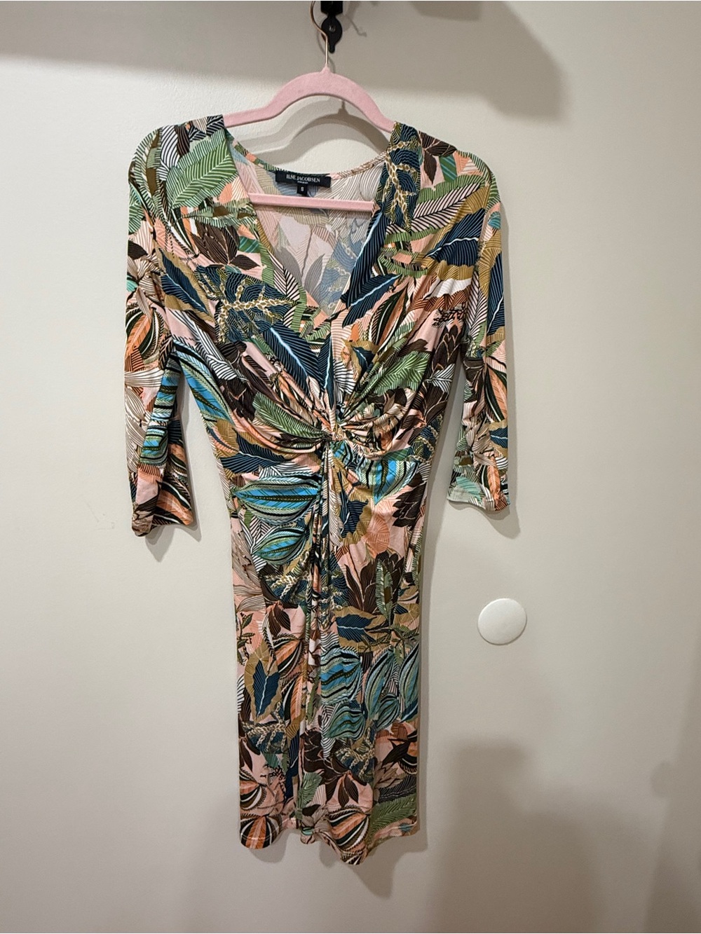 Ilse Jacobsen Twist-Front Leaf Print Midi Dress in Pink, Green, Blue